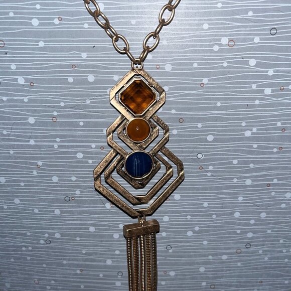 Mia 22” Pendant Necklace Tri Colored Gems & Earrings Gold Fringe - Picture 9 of 11